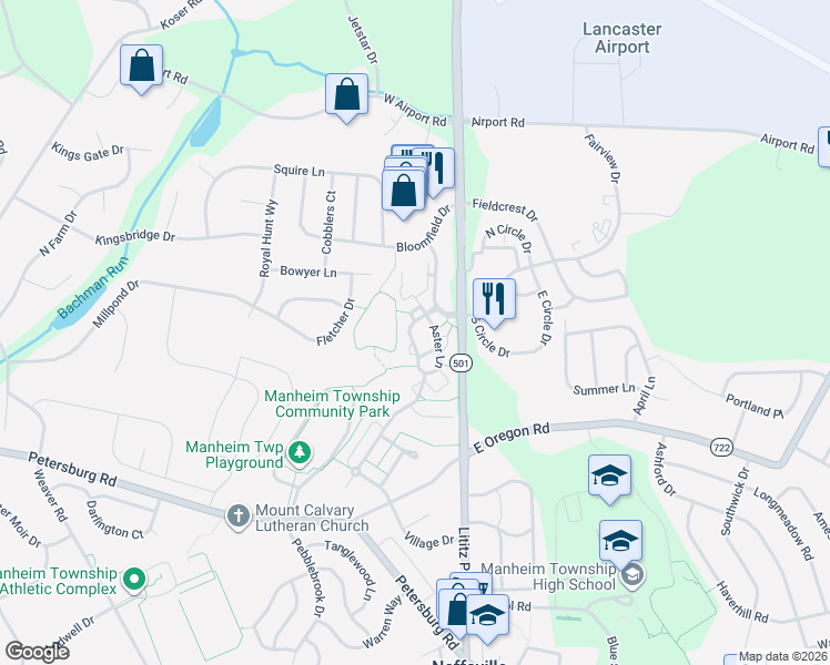 map of restaurants, bars, coffee shops, grocery stores, and more near 2945 Aster Lane in Lititz