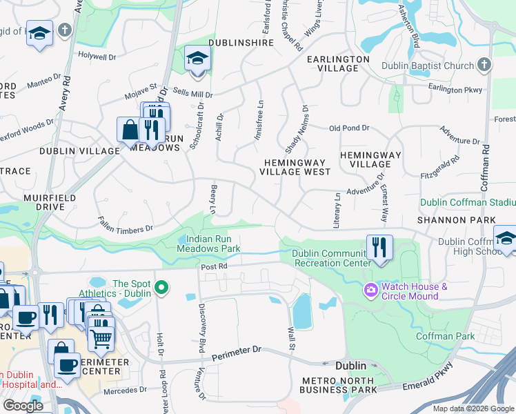 map of restaurants, bars, coffee shops, grocery stores, and more near 6974 Havington Court in Dublin