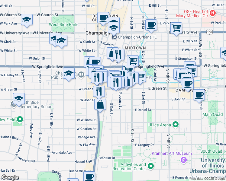 map of restaurants, bars, coffee shops, grocery stores, and more near 29 East Green Street in Champaign