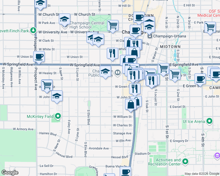 map of restaurants, bars, coffee shops, grocery stores, and more near 301 West Green Street in Champaign