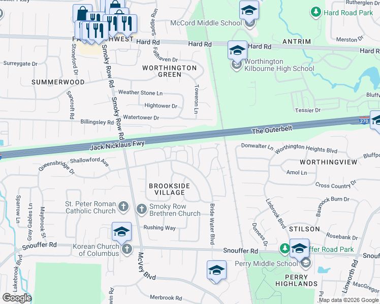 map of restaurants, bars, coffee shops, grocery stores, and more near 1586 Worthington Row Drive in Columbus