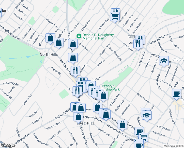map of restaurants, bars, coffee shops, grocery stores, and more near 209 Elm Avenue in Glenside