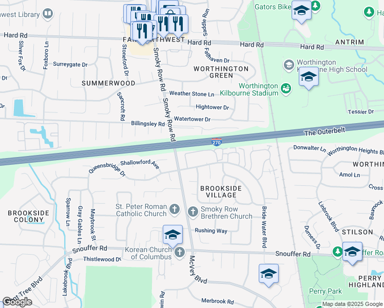 map of restaurants, bars, coffee shops, grocery stores, and more near 1797 Worthington Run Drive in Columbus