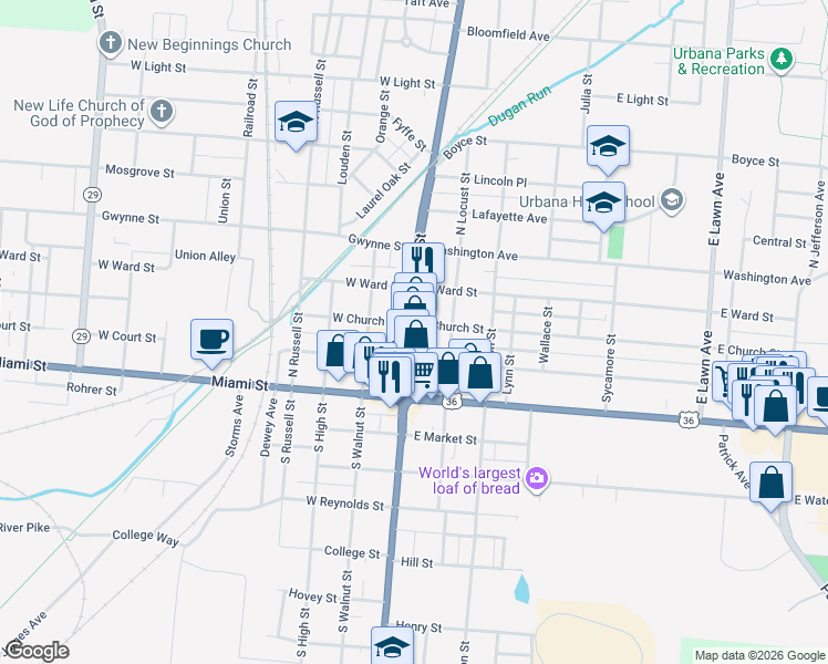 map of restaurants, bars, coffee shops, grocery stores, and more near 238 North Main Street in Urbana