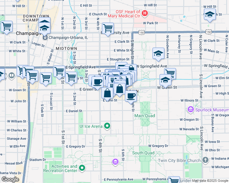 map of restaurants, bars, coffee shops, grocery stores, and more near 505 East Green Street in Champaign