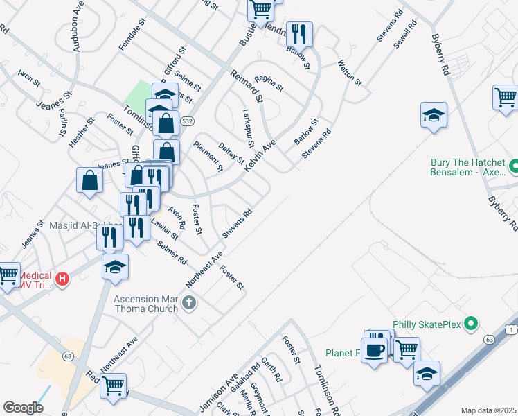 map of restaurants, bars, coffee shops, grocery stores, and more near 11027 Stevens Road in Philadelphia