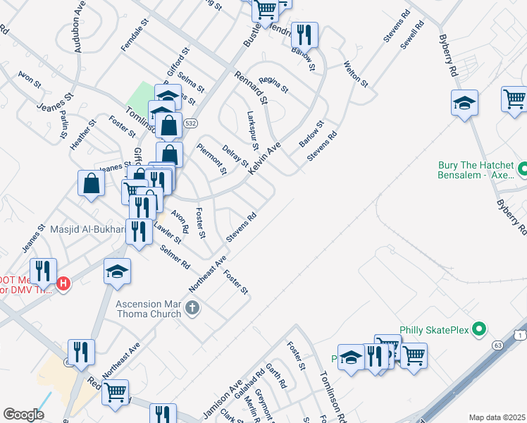map of restaurants, bars, coffee shops, grocery stores, and more near 11027 Stevens Road in Philadelphia