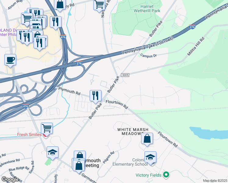 map of restaurants, bars, coffee shops, grocery stores, and more near 5014 Butler Pike in Plymouth Meeting