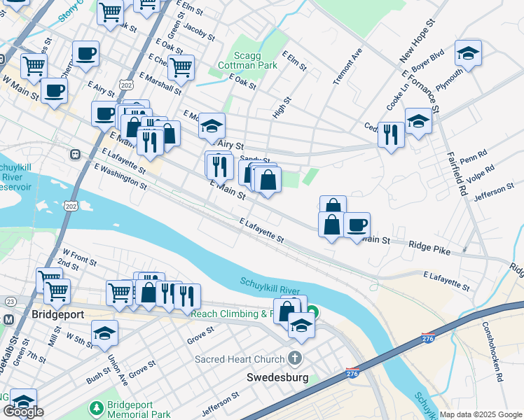 map of restaurants, bars, coffee shops, grocery stores, and more near 618 East Main Street in Norristown