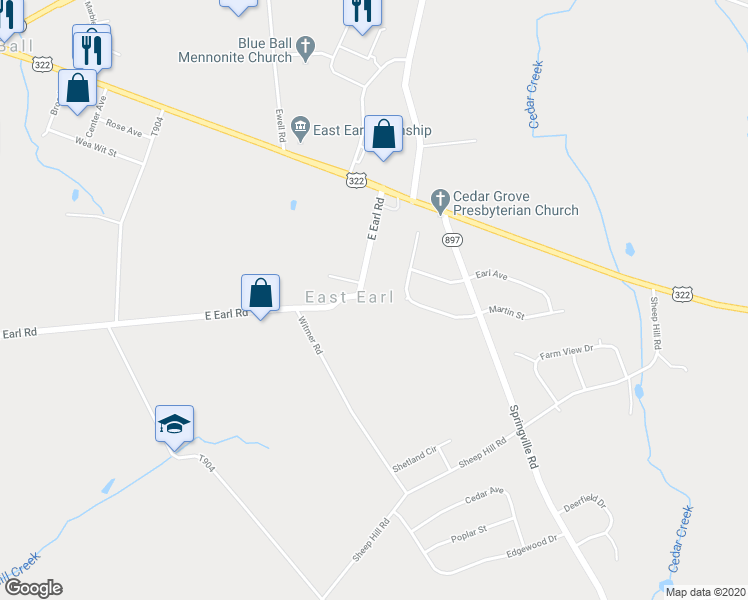 map of restaurants, bars, coffee shops, grocery stores, and more near 1262 East Earl Road in East Earl