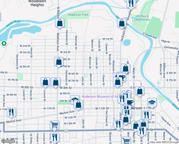 map of restaurants, bars, coffee shops, grocery stores, and more near 516 West 6th Street in Anderson