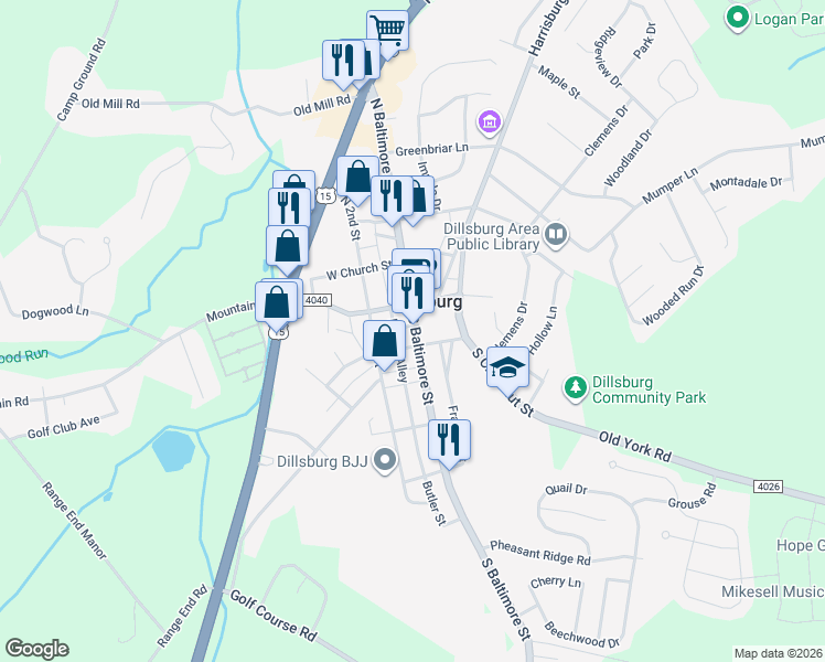 map of restaurants, bars, coffee shops, grocery stores, and more near 28 Pennsylvania 74 in Dillsburg