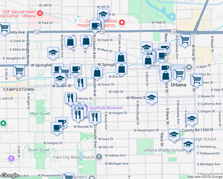 map of restaurants, bars, coffee shops, grocery stores, and more near 704 West High Street in Urbana