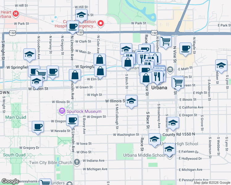 map of restaurants, bars, coffee shops, grocery stores, and more near 502 West High Street in Urbana