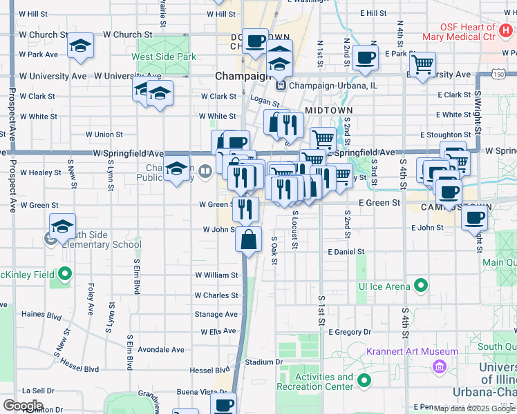 map of restaurants, bars, coffee shops, grocery stores, and more near 602 South Neil Street in Champaign