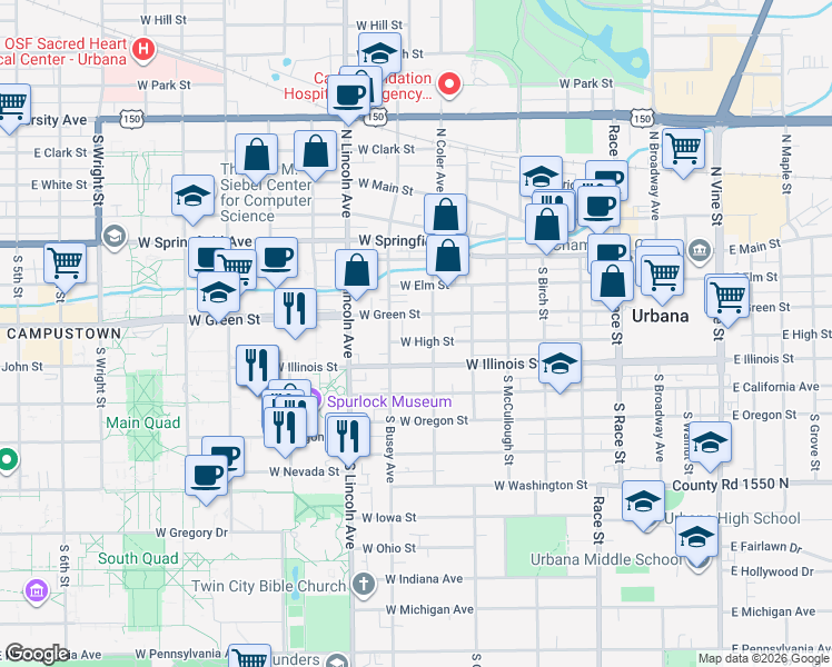 map of restaurants, bars, coffee shops, grocery stores, and more near 704 West High Street in Urbana