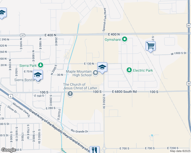 map of restaurants, bars, coffee shops, grocery stores, and more near 51 North Spanish Fork Parkway in Spanish Fork