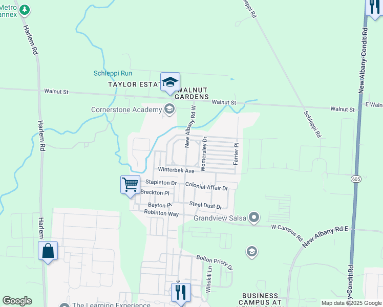 map of restaurants, bars, coffee shops, grocery stores, and more near 6180 New Albany Road West in New Albany