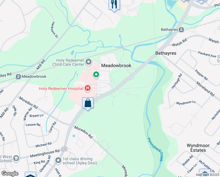 map of restaurants, bars, coffee shops, grocery stores, and more near 1680 Huntingdon Pike in Montgomery County