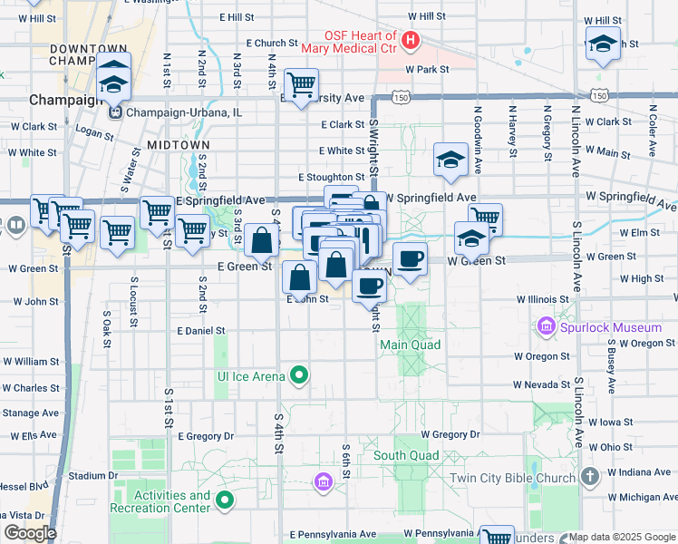 map of restaurants, bars, coffee shops, grocery stores, and more near 519 East Green Street in Champaign
