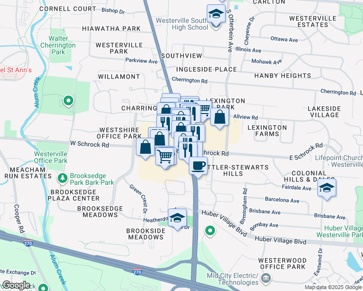 map of restaurants, bars, coffee shops, grocery stores, and more near 611 South State Street in Westerville