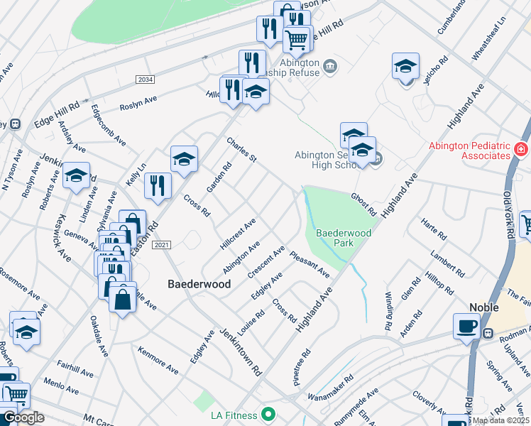 map of restaurants, bars, coffee shops, grocery stores, and more near 707 Hillcrest Avenue in Glenside