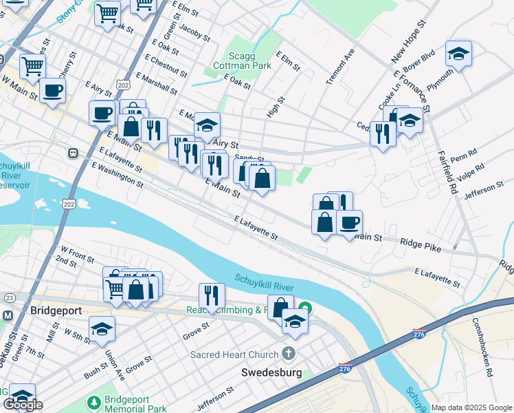 map of restaurants, bars, coffee shops, grocery stores, and more near 618 East Main Street in Norristown
