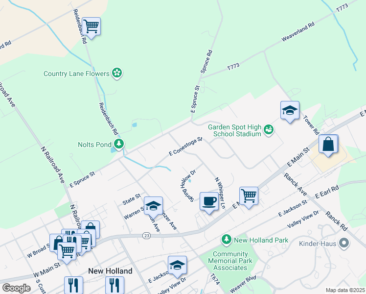 map of restaurants, bars, coffee shops, grocery stores, and more near 69 North Whisper Lane in New Holland