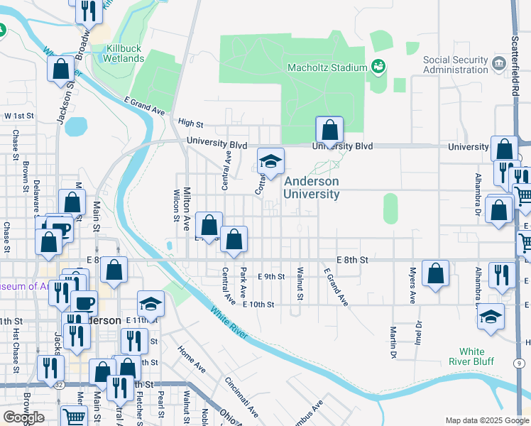 map of restaurants, bars, coffee shops, grocery stores, and more near 520 Cottage Avenue in Anderson