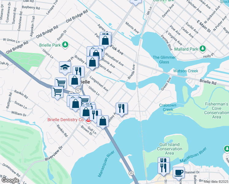 map of restaurants, bars, coffee shops, grocery stores, and more near 611 Brielle Avenue in Brielle