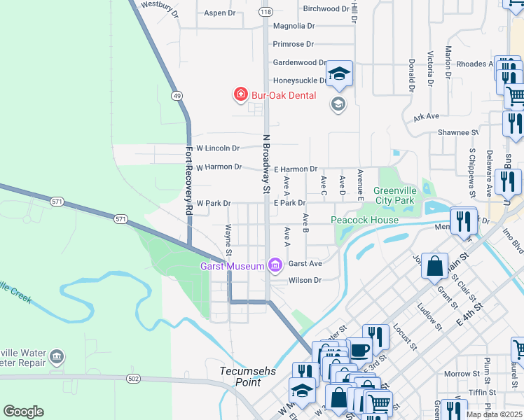 map of restaurants, bars, coffee shops, grocery stores, and more near 528 North Broadway Street in Greenville