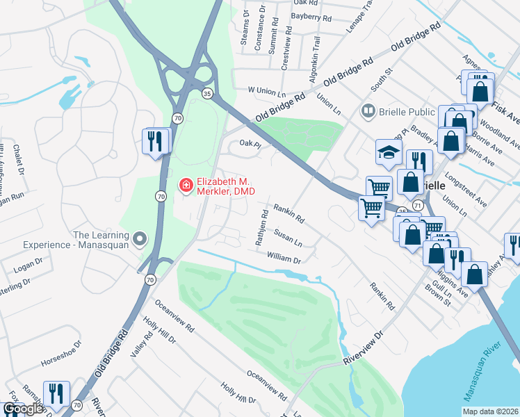 map of restaurants, bars, coffee shops, grocery stores, and more near 815 Rathjen Road in Brielle