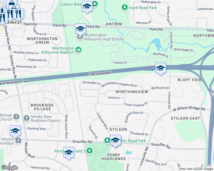 map of restaurants, bars, coffee shops, grocery stores, and more near 1273 Worthington Heights Boulevard in Columbus