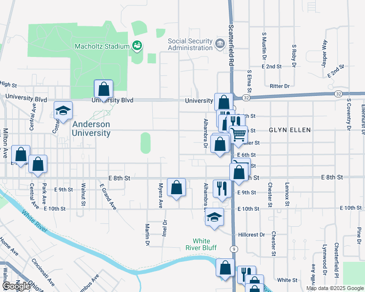 map of restaurants, bars, coffee shops, grocery stores, and more near 522 Nursery Road in Anderson