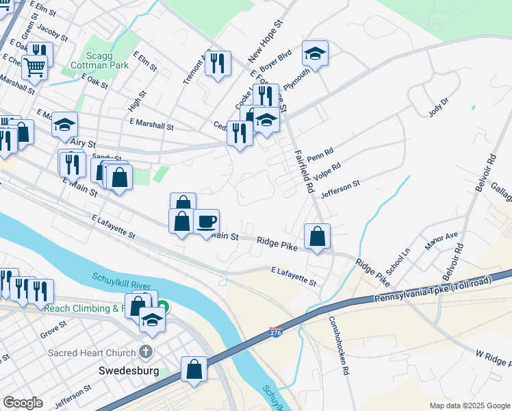 map of restaurants, bars, coffee shops, grocery stores, and more near 3148 Regatta Circle in Norristown