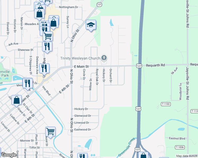 map of restaurants, bars, coffee shops, grocery stores, and more near 165 Royal Oak Drive in Greenville