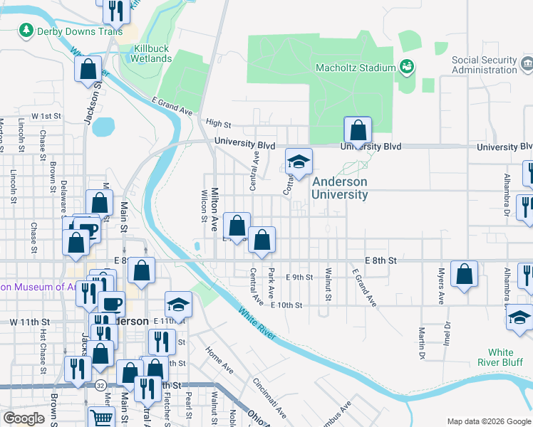 map of restaurants, bars, coffee shops, grocery stores, and more near 525 Park Avenue in Anderson