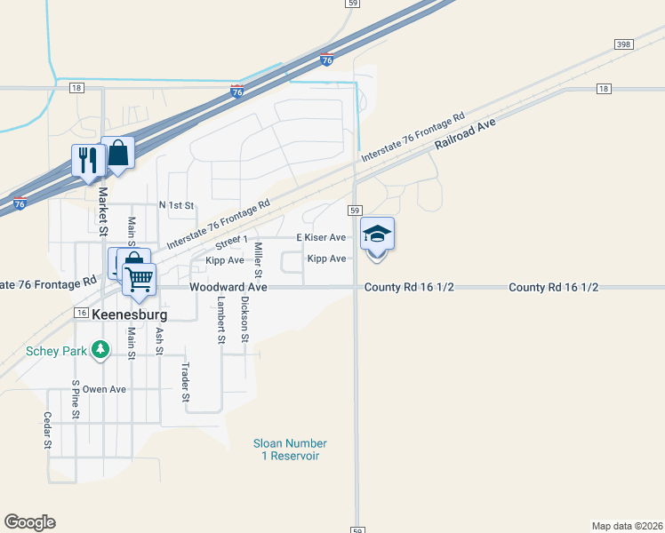 map of restaurants, bars, coffee shops, grocery stores, and more near 7565 County Road 59 in Keenesburg