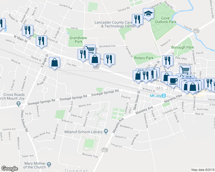 map of restaurants, bars, coffee shops, grocery stores, and more near 341 West Donegal Street in Mount Joy