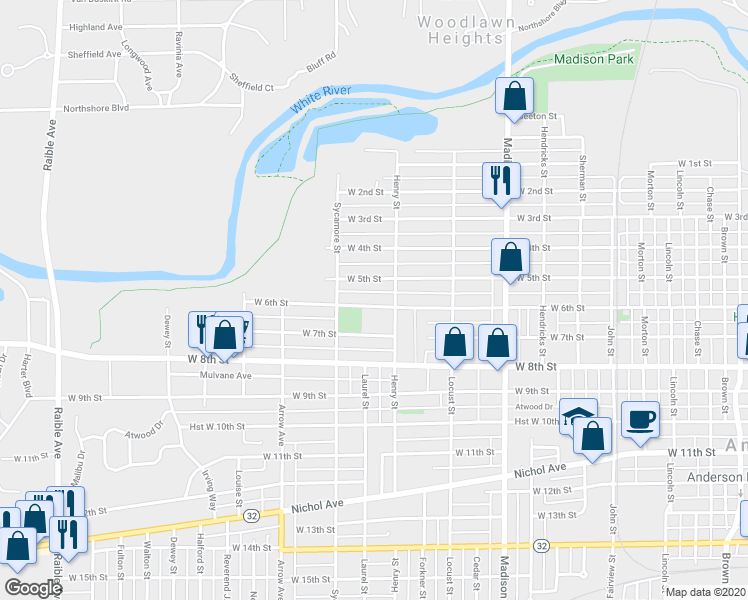 map of restaurants, bars, coffee shops, grocery stores, and more near 1410 West 6th Street in Anderson