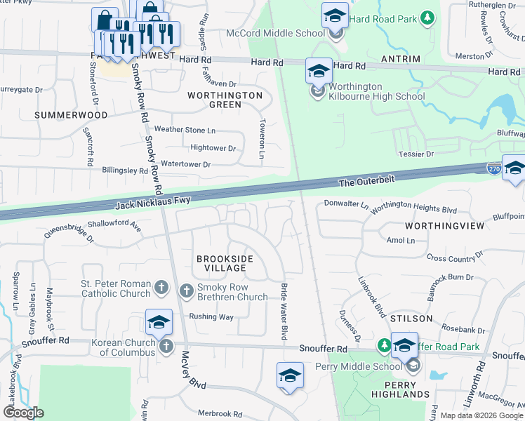 map of restaurants, bars, coffee shops, grocery stores, and more near 1586 Worthington Row Drive in Columbus