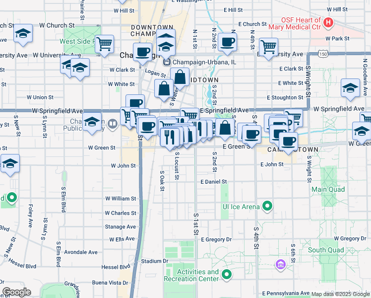 map of restaurants, bars, coffee shops, grocery stores, and more near 55 East Green Street in Champaign