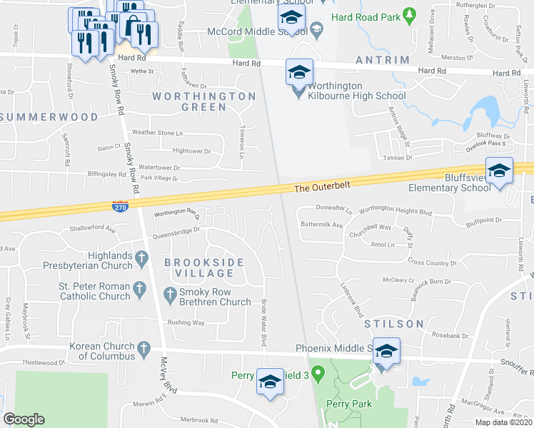 map of restaurants, bars, coffee shops, grocery stores, and more near 1527 Worthington Row Drive in Columbus