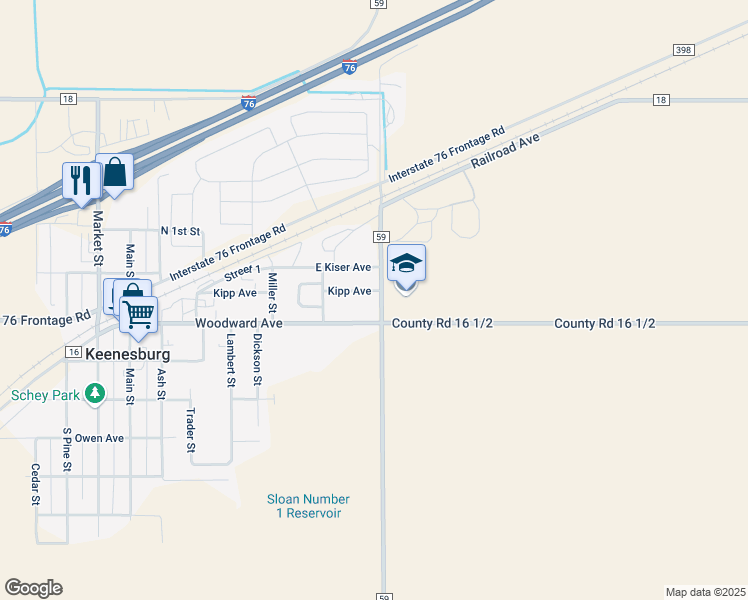 map of restaurants, bars, coffee shops, grocery stores, and more near 7565 County Road 59 in Keenesburg