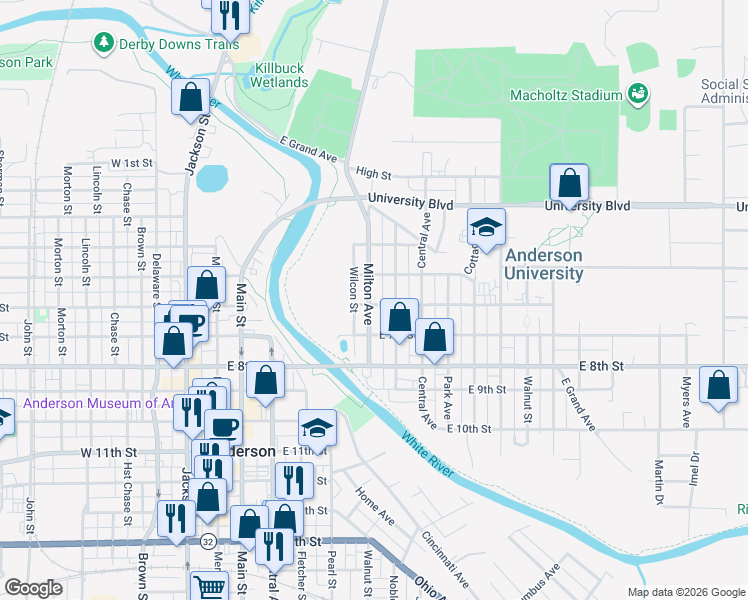 map of restaurants, bars, coffee shops, grocery stores, and more near 530 Milton Avenue in Anderson