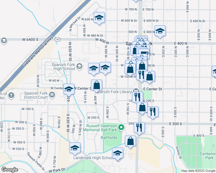 map of restaurants, bars, coffee shops, grocery stores, and more near 290 West Center Street in Spanish Fork
