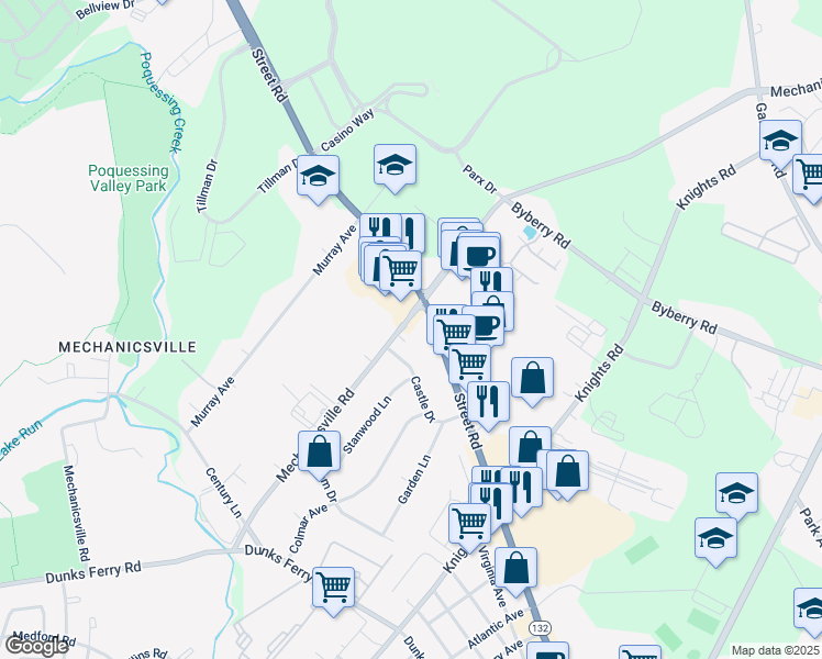 map of restaurants, bars, coffee shops, grocery stores, and more near 2941 Mechanicsville Road in Bensalem