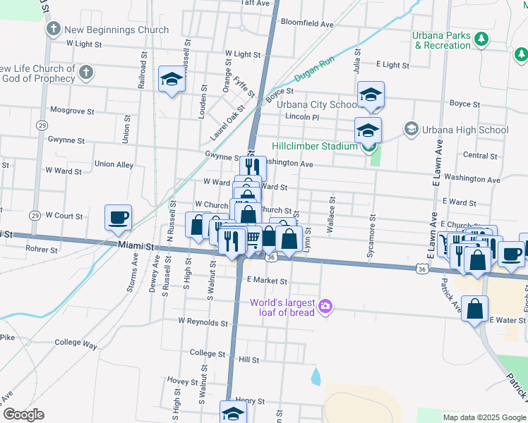 map of restaurants, bars, coffee shops, grocery stores, and more near 133 East Church Street in Urbana