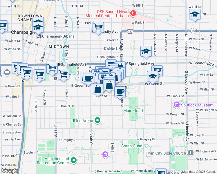 map of restaurants, bars, coffee shops, grocery stores, and more near 509 East Green Street in Champaign