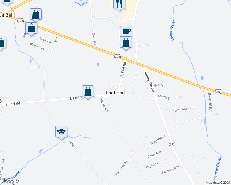 map of restaurants, bars, coffee shops, grocery stores, and more near in East Earl